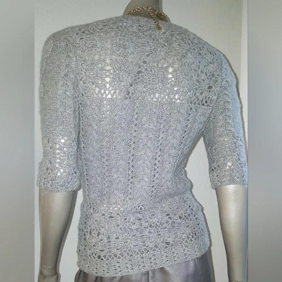 ◇$2,200 OSCAR DE LA RENTA GREY CASHMERE RUNWAY HAND KNIT BLOUSE S